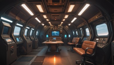 sky,cloud,indoors,no humans,window,chair,fire,scenery,science fiction,wooden floor,candle,computer,monitor,cockpit,seat,table,realistic,light,cable,space,screen