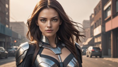 1girl,solo,long hair,looking at viewer,brown hair,brown eyes,closed mouth,upper body,outdoors,day,dark skin,armor,blurry,dark-skinned female,lips,bodysuit,depth of field,blurry background,ground vehicle,building,motor vehicle,forehead,realistic,nose,car,road,street,breasts,cleavage,medium breasts,makeup,shoulder armor,pauldrons,serious