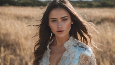 1girl,solo,long hair,looking at viewer,brown hair,black hair,brown eyes,collarbone,upper body,outdoors,parted lips,blurry,lips,depth of field,blurry background,wind,messy hair,portrait,realistic,nose,breasts,open mouth,dress,cleavage,jewelry,medium breasts,earrings,teeth,day,grey eyes,floating hair,thick eyebrows