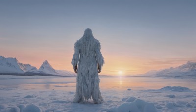 solo,standing,outdoors,sky,water,from behind,no humans,ocean,beach,scenery,claws,1other,sunset,monster,mountain,sun,horizon,extra arms,mountainous horizon,gradient sky,sunrise,long hair,1boy,male focus,rock,facing away,giant