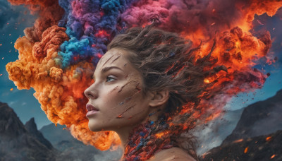 1girl, solo, short hair, blue eyes, brown hair, outdoors, sky, from side, lips, profile, glowing, fire, smoke, mountain, realistic, dirty, damaged, burning