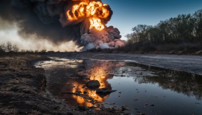 outdoors,sky,day,cloud,water,tree,blue sky,no humans,fire,nature,scenery,forest,smoke,reflection,explosion,river,burning,rock,lake