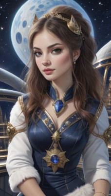 1girl,solo,long hair,breasts,looking at viewer,smile,brown hair,hair ornament,dress,cleavage,brown eyes,jewelry,medium breasts,upper body,earrings,parted lips,sky,bracelet,lips,fur trim,makeup,night,blue dress,wavy hair,moon,tiara,gem,star (sky),night sky,full moon,starry sky,freckles,realistic,nose,outdoors,necklace