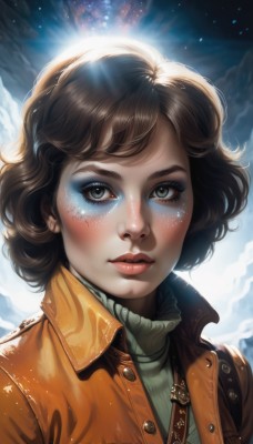 1girl,solo,looking at viewer,blush,short hair,brown hair,brown eyes,jacket,upper body,sky,artist name,cloud,signature,sweater,lips,eyelashes,makeup,turtleneck,portrait,star (sky),eyeshadow,freckles,curly hair,brown jacket,realistic,nose,strap,bangs,closed mouth,green eyes,watermark,sunlight,turtleneck sweater,facepaint,leather,mascara