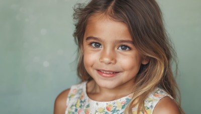 1girl,solo,long hair,looking at viewer,smile,open mouth,simple background,brown hair,dress,bare shoulders,brown eyes,upper body,multicolored hair,parted lips,teeth,sleeveless,blurry,lips,floral print,portrait,realistic,nose,female child