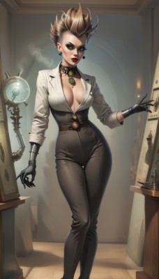 1girl,solo,breasts,looking at viewer,short hair,large breasts,brown hair,shirt,gloves,cleavage,brown eyes,jewelry,standing,full body,white shirt,multicolored hair,earrings,choker,black gloves,belt,pants,indoors,necklace,mole,high heels,collar,lips,no bra,makeup,buttons,thigh gap,black pants,formal,lipstick,spiked hair,sleeves rolled up,eyeshadow,smoke,red lips,mechanical arms,high-waist pants,steampunk,blonde hair,spikes,hoop earrings,mature female,spiked collar,single mechanical arm,black lips