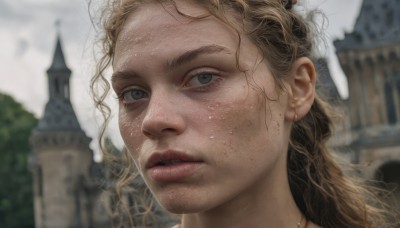 1girl,solo,long hair,looking at viewer,blue eyes,blonde hair,brown hair,jewelry,outdoors,parted lips,sky,cloud,necklace,blurry,lips,grey eyes,depth of field,blurry background,cloudy sky,building,messy hair,portrait,freckles,curly hair,realistic,castle,teeth,day,eyelashes,close-up,nose