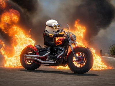 solo,gloves,1boy,sitting,jacket,male focus,outdoors,black gloves,pants,black footwear,black jacket,white headwear,black pants,helmet,fire,goggles,ground vehicle,motor vehicle,1other,smoke,road,explosion,motorcycle,burning,motorcycle helmet,sky,riding,on motorcycle