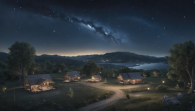 outdoors,sky,cloud,tree,no humans,window,night,grass,building,star (sky),nature,night sky,scenery,forest,starry sky,mountain,road,bush,house,lamppost,path,hill,plant,ground vehicle,rock,landscape,mountainous horizon,tent