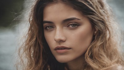 1girl,solo,long hair,looking at viewer,blonde hair,brown hair,jewelry,multicolored hair,parted lips,blurry,two-tone hair,lips,grey eyes,eyelashes,blurry background,wavy hair,messy hair,portrait,close-up,curly hair,realistic,nose,earrings