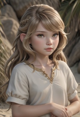 1girl,solo,long hair,looking at viewer,blush,bangs,blonde hair,shirt,dress,brown eyes,closed mouth,collarbone,yellow eyes,white shirt,upper body,braid,short sleeves,outdoors,puffy sleeves,white dress,blurry,puffy short sleeves,lips,blurry background,own hands together,freckles,rock,realistic,nose,french braid