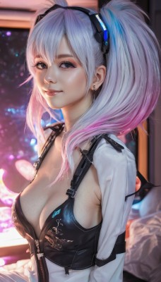 1girl,solo,long hair,breasts,looking at viewer,smile,bangs,blue eyes,hair ornament,cleavage,twintails,jewelry,medium breasts,sitting,blue hair,upper body,pink hair,white hair,multicolored hair,earrings,parted lips,indoors,blurry,from side,two-tone hair,lips,grey eyes,eyelashes,bodysuit,gradient hair,makeup,depth of field,blurry background,lipstick,eyeshadow,zipper,realistic,nose,unzipped,red lips,stud earrings,eyeliner,mascara,large breasts,long sleeves,closed mouth,grey hair,artist name,corset