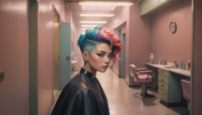 1girl,solo,looking at viewer,short hair,blue eyes,1boy,jewelry,closed mouth,blue hair,jacket,upper body,pink hair,male focus,red hair,multicolored hair,earrings,indoors,from side,two-tone hair,lips,black jacket,bodysuit,gradient hair,makeup,piercing,bottle,lipstick,eyeshadow,mirror,realistic,nose,door,clock,red lips,eyeliner,very short hair,leather,undercut,latex,mascara,sink,cabinet,green eyes,green hair,freckles,reflection,asymmetrical hair,mohawk