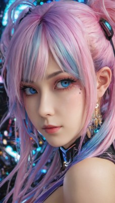 1girl,solo,long hair,looking at viewer,bangs,blue eyes,hair ornament,bare shoulders,twintails,jewelry,closed mouth,blue hair,pink hair,multicolored hair,earrings,mole,two-tone hair,lips,streaked hair,eyelashes,mole under eye,makeup,portrait,realistic,nose,ahoge,sidelocks,from side,close-up