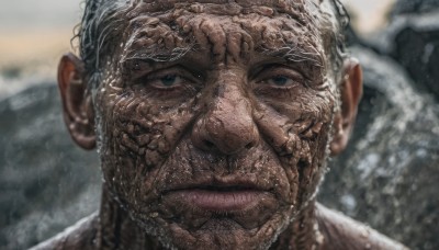 solo,looking at viewer,short hair,blue eyes,1boy,closed mouth,male focus,outdoors,water,blurry,lips,wet,blurry background,portrait,realistic,wet hair,manly,green eyes,white hair,grey hair,pointy ears,facial hair,beard,snow,close-up,mustache,old,old man,wrinkled skin