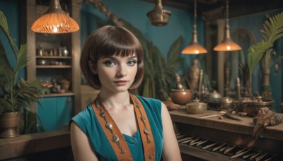 1girl,solo,breasts,looking at viewer,smile,short hair,bangs,brown hair,dress,cleavage,brown eyes,jewelry,closed mouth,collarbone,upper body,small breasts,sleeveless,indoors,blunt bangs,necklace,mole,blurry,lips,looking to the side,depth of field,blurry background,table,bob cut,plant,realistic,nose,potted plant,lamp,shelf,black eyes,vest,instrument