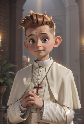 solo,looking at viewer,blush,short hair,brown hair,long sleeves,1boy,brown eyes,jewelry,upper body,male focus,earrings,parted lips,indoors,necklace,blurry,lips,capelet,blurry background,own hands together,cross,plant,child,freckles,nun,candle,own hands clasped,male child,cross necklace,church,priest,teeth,artist name,fire,robe,mohawk,candlestand