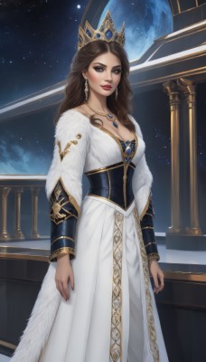 1girl,solo,long hair,breasts,looking at viewer,large breasts,brown hair,long sleeves,dress,cleavage,brown eyes,jewelry,medium breasts,standing,earrings,sky,indoors,necklace,nail polish,white dress,lips,fur trim,makeup,night,moon,tiara,crown,lipstick,gem,star (sky),red nails,corset,pendant,eyeshadow,starry sky,gold trim,long dress,red lips,space,planet,pillar,earth (planet),night sky,realistic,underbust