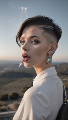 1girl,solo,looking at viewer,short hair,open mouth,blue eyes,shirt,black hair,hair ornament,jewelry,white shirt,upper body,earrings,outdoors,food,sky,teeth,day,tongue,collared shirt,looking back,tongue out,bag,blurry,lips,eyelashes,saliva,makeup,blurry background,piercing,candy,lollipop,realistic,nose,tongue piercing,necktie,from side,upper teeth only,mouth hold,ear piercing,eyeshadow,eyeliner,undercut,bokeh,nose piercing,eyebrow piercing