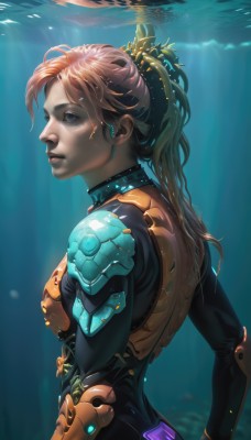 1girl,solo,long hair,breasts,looking at viewer,blue eyes,blonde hair,brown hair,hair ornament,medium breasts,upper body,ponytail,parted lips,water,armor,from side,lips,bodysuit,watermark,sunlight,science fiction,bubble,light rays,underwater,realistic,nose,air bubble,cyborg,submerged,bangs,closed mouth,artist name,eyelashes,profile,freckles,earpiece