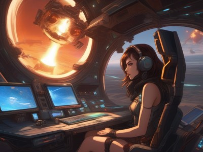 1girl,solo,breasts,short hair,bangs,brown hair,bare shoulders,brown eyes,medium breasts,sitting,sky,sleeveless,cloud,indoors,medium hair,from side,lips,profile,thigh strap,headphones,chair,headset,science fiction,sunset,sun,cable,space,computer,monitor,planet,keyboard (computer),spacecraft,cockpit,long hair,window,scenery,screen,joystick