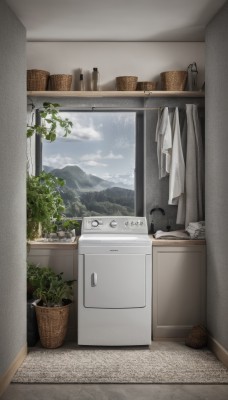 outdoors,sky,day,cloud,indoors,tree,blue sky,no humans,window,cloudy sky,plant,curtains,scenery,mountain,door,basket,potted plant,sink,faucet,laundry,washing machine,towel,shelf,kitchen,cabinet,stove