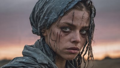 1girl,solo,long hair,looking at viewer,brown hair,black hair,closed mouth,outdoors,parted lips,dark skin,hood,blurry,black eyes,dark-skinned female,lips,wet,grey eyes,blurry background,portrait,freckles,sunset,realistic,nose,wet hair,head scarf,brown eyes,jacket,sky,medium hair,messy hair,close-up,dirty,dirty face