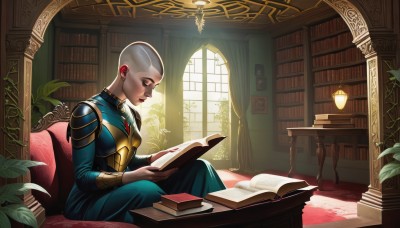 1girl,solo,short hair,1boy,dress,holding,jewelry,sitting,closed eyes,white hair,male focus,earrings,indoors,armor,from side,lips,book,window,profile,makeup,blue dress,chair,looking down,table,sunlight,plant,curtains,couch,holding book,open book,nose,bookshelf,reading,potted plant,lamp,bald,very short hair,book stack,library,lipstick,shoulder armor,eyeshadow,realistic,facial tattoo