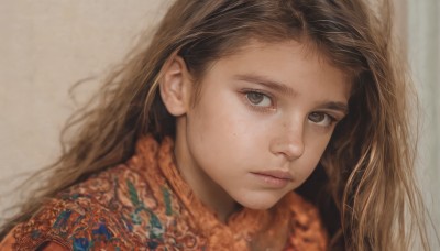 1girl,solo,long hair,looking at viewer,simple background,brown hair,brown eyes,closed mouth,scarf,lips,eyelashes,portrait,freckles,realistic,nose,bangs,grey background,blurry,expressionless,floral print,close-up