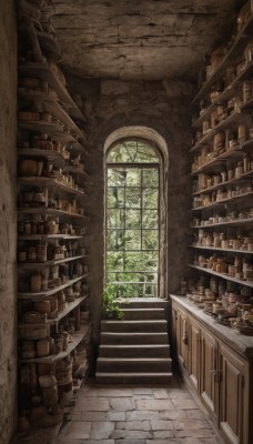 day,indoors,tree,no humans,window,sunlight,bottle,plant,scenery,stairs,brick wall,shelf,jar,arch,fantasy,basket,potted plant,shop,stone wall