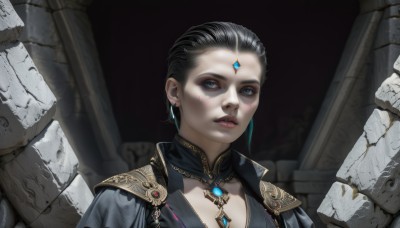 1girl,solo,breasts,looking at viewer,short hair,blue eyes,black hair,cleavage,jewelry,upper body,earrings,parted lips,necklace,armor,lips,makeup,shoulder armor,gem,portrait,realistic,nose,red lips,forehead jewel,pillar,blue gemstone,simple background,teeth,facial mark,forehead,forehead mark