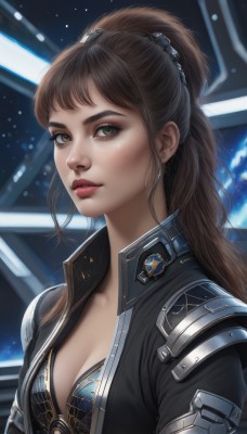 1girl,solo,long hair,breasts,looking at viewer,bangs,brown hair,cleavage,brown eyes,jewelry,medium breasts,closed mouth,underwear,collarbone,jacket,upper body,ponytail,earrings,small breasts,open clothes,artist name,bra,armor,lips,black jacket,eyelashes,makeup,freckles,realistic,nose,red lips,swimsuit,bikini,parted lips,signature,mole,bodysuit,lipstick,bikini top only,science fiction,unzipped