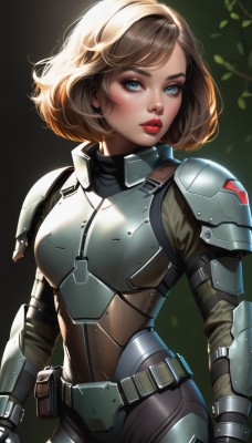 1girl,solo,breasts,looking at viewer,short hair,bangs,blue eyes,blonde hair,brown hair,gloves,medium breasts,standing,weapon,cowboy shot,parted lips,belt,artist name,medium hair,armor,lips,eyelashes,bodysuit,makeup,swept bangs,leaf,bob cut,lipstick,shoulder armor,freckles,pauldrons,pouch,breastplate,nose,red lips,belt pouch,power armor,mascara,plate armor,boobplate,blush,closed mouth,upper body,backlighting