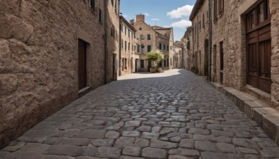 outdoors,sky,day,cloud,tree,blue sky,no humans,window,plant,building,scenery,stairs,door,road,wall,house,street,path,pavement,shadow,cloudy sky,potted plant,bush,pillar,stone floor,stone wall,vanishing point