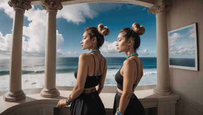 breasts,short hair,multiple girls,skirt,brown hair,black hair,2girls,bare shoulders,jewelry,closed eyes,earrings,outdoors,sky,choker,day,midriff,artist name,cloud,dark skin,black skirt,water,necklace,hair bun,bracelet,dark-skinned female,blue sky,lips,crop top,double bun,siblings,ocean,beach,single hair bun,tank top,sisters,twins,horizon,pillar,symmetry,column,medium breasts,standing,parted lips,sleeveless,from behind,profile,makeup,cloudy sky,lipstick,scenery,realistic,red lips,bangle,watercraft,black tank top