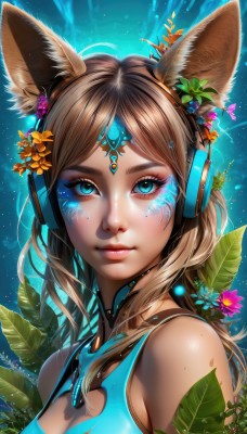 1girl,solo,long hair,breasts,looking at viewer,bangs,blue eyes,brown hair,hair ornament,animal ears,cleavage,bare shoulders,jewelry,medium breasts,closed mouth,upper body,flower,sleeveless,shiny,artist name,signature,hair flower,aqua eyes,lips,animal ear fluff,parted bangs,fox ears,clothing cutout,eyelashes,makeup,glowing,headphones,leaf,watermark,blue background,facial mark,cleavage cutout,plant,lipstick,gem,portrait,eyeshadow,freckles,pink lips,nose,eyeliner,whisker markings,mascara,facepaint