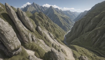 outdoors,sky,day,cloud,blue sky,no humans,cloudy sky,grass,nature,scenery,rock,mountain,landscape,mountainous horizon,cliff