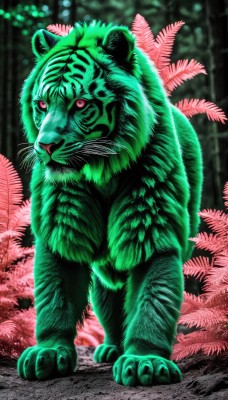 solo,looking at viewer,open mouth,red eyes,full body,outdoors,pink eyes,blurry,no humans,blurry background,animal,leaf,fangs,plant,nature,forest,realistic,chinese zodiac,bamboo,animal focus,tiger,year of the tiger,standing,signature,tree,night,glowing,glowing eyes