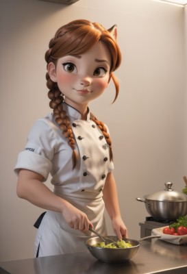 1girl,solo,long hair,looking at viewer,blush,smile,bangs,brown hair,holding,animal ears,brown eyes,closed mouth,standing,braid,short sleeves,food,artist name,indoors,cat ears,apron,twin braids,buttons,fruit,white apron,hair over shoulder,freckles,bowl,cooking,ladle,kitchen,tomato,chef,soup,cutting board,lips,spoon,nose,vegetable,lettuce,potato,onion,salad