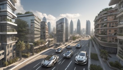 outdoors,sky,day,cloud,tree,blue sky,no humans,cloudy sky,ground vehicle,building,scenery,motor vehicle,city,palm tree,car,road,cityscape,vehicle focus,lamppost,street,skyscraper,truck,crosswalk,real world location