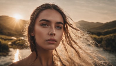 1girl,solo,long hair,looking at viewer,brown hair,brown eyes,outdoors,parted lips,sky,water,blurry,lips,grey eyes,floating hair,depth of field,blurry background,sunlight,wind,portrait,freckles,mountain,realistic,nose,sun,river,lake,teeth,eyelashes,thick eyebrows,backlighting,sunset,mole on cheek