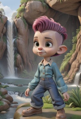 solo,smile,short hair,shirt,long sleeves,1boy,closed mouth,green eyes,standing,full body,pink hair,male focus,outdoors,sky,shoes,day,collared shirt,pants,artist name,water,tree,blue sky,brown footwear,grass,blue shirt,denim,nature,furry,freckles,jeans,blue pants,furry male,male child,mushroom,waterfall,boots,cloud,leaf,rock,mohawk