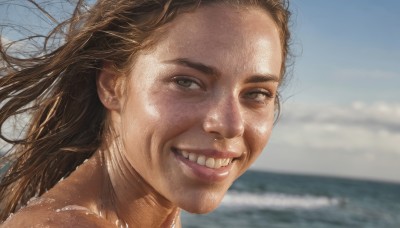 1girl,solo,long hair,looking at viewer,smile,brown hair,brown eyes,outdoors,sky,teeth,day,cloud,water,grin,blurry,blue sky,lips,depth of field,blurry background,ocean,beach,portrait,forehead,freckles,realistic,nose,open mouth,1boy,male focus,floating hair,cloudy sky,wind,messy hair,close-up