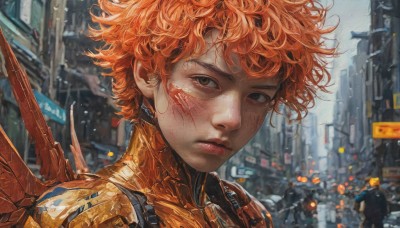 1girl,solo,looking at viewer,short hair,brown eyes,closed mouth,upper body,outdoors,wings,solo focus,orange hair,blurry,black eyes,lips,blood,blurry background,scar,building,messy hair,portrait,freckles,science fiction,curly hair,injury,blood on face,city,realistic,cyborg,cyberpunk,bangs,armor,depth of field,motor vehicle,car,cityscape,dirty,scratches,dirty face