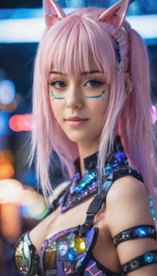 1girl,solo,long hair,breasts,looking at viewer,bangs,hair ornament,animal ears,cleavage,bare shoulders,jewelry,medium breasts,closed mouth,upper body,pink hair,earrings,cat ears,mole,blurry,black eyes,lips,grey eyes,makeup,blurry background,fake animal ears,facial mark,piercing,eyeshadow,realistic,nose,badge,button badge,hairband,eyelashes,depth of field,armlet