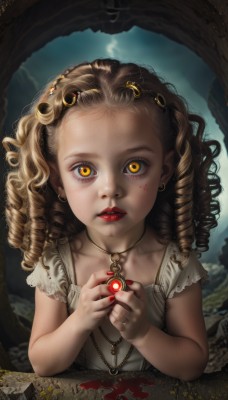 1girl,solo,long hair,looking at viewer,blonde hair,hair ornament,dress,jewelry,collarbone,yellow eyes,upper body,earrings,parted lips,teeth,artist name,signature,necklace,nail polish,white dress,lips,fingernails,orange eyes,eyelashes,makeup,drill hair,ring,lipstick,gem,child,red nails,forehead,pendant,freckles,curly hair,realistic,red lips,female child,hair pulled back,red gemstone,brown hair,choker,blood,glowing,watermark,lace,glowing eyes,web address,blood on face