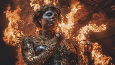 1girl,solo,breasts,short hair,black hair,jewelry,medium breasts,closed eyes,upper body,parted lips,teeth,dark skin,armor,dark-skinned female,lips,hands up,ring,fire,earrings,mask,chain,smoke,gold