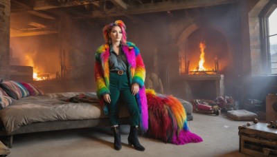 1girl,solo,long hair,looking at viewer,shirt,long sleeves,standing,jacket,full body,pink hair,multicolored hair,boots,belt,pants,indoors,black footwear,pillow,window,bed,on bed,fire,feathers,blanket,green pants,boots removed,fireplace,multiple girls,hair ornament,jewelry,sitting,weapon,braid,white hair,red hair,lying,alternate costume,necklace,gun,sleeping,goggles,goggles on head,ruins,death,corpse