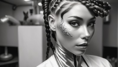 1girl,solo,long hair,looking at viewer,bangs,closed mouth,monochrome,braid,greyscale,indoors,blurry,twin braids,lips,tattoo,depth of field,blurry background,facial mark,portrait,realistic,nose,parted lips,dark skin,dark-skinned female,hair behind ear