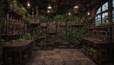 indoors,tree,no humans,window,chair,table,plant,scenery,lantern,stairs,fantasy,bookshelf,potted plant,lamp,candle,ruins,vines,shelf,ceiling,barrel,chandelier,overgrown,day,wooden floor,door,clock,tiles,stool,ceiling light